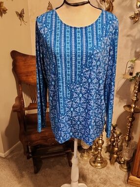 Bob Mackie Blue Patterned Long-Sleeve Top